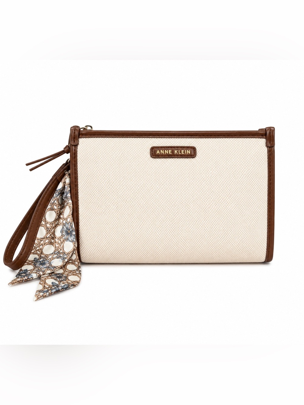 Anne Klein Cream and Brown Trim wristlet/clutch with Patterned Strap Accent